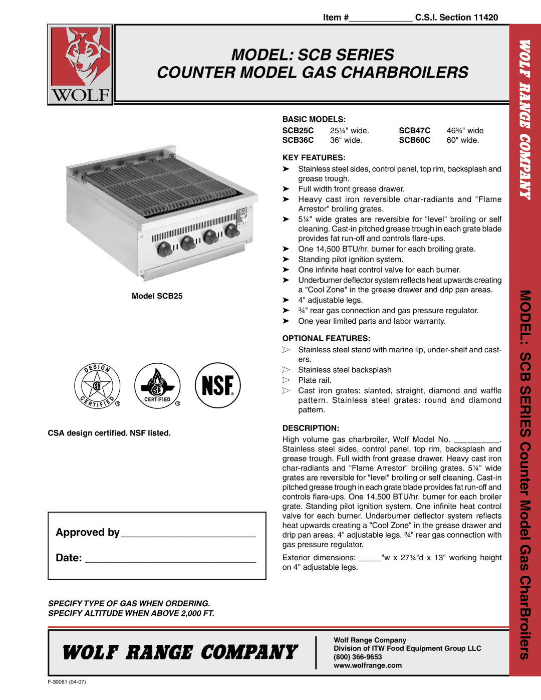 Wolf SCB Series warranty Basic Models SCB25C, SCB47C, SCB36C, SCB60C, KEY Features, Optional Features, Description 