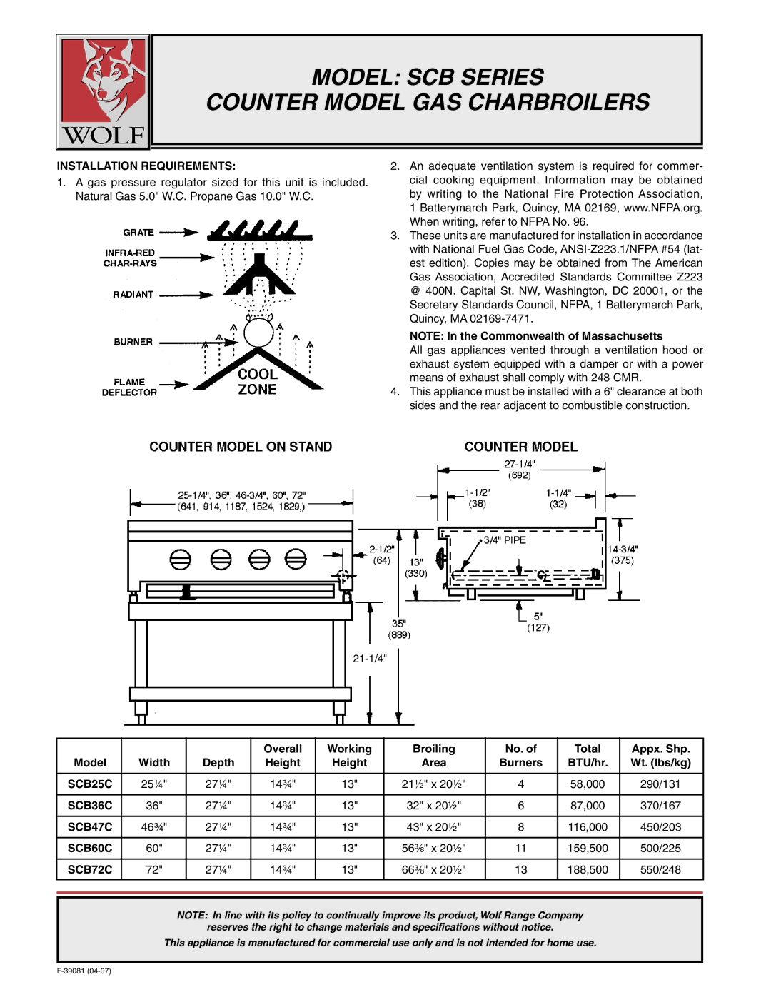 Wolf SCB Series warranty Installation Requirements, SCB72C 