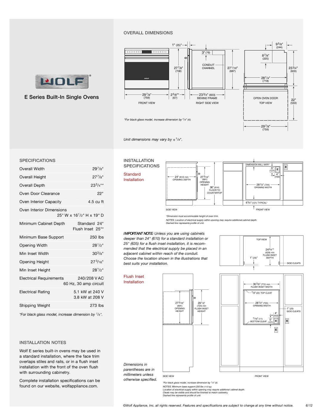 Wolf SO30-2U/S-TH, SO30-2F/S-TH, SO30-2F/S-PH manual Overall Dimensions, Installation Specifications, Installation Notes 