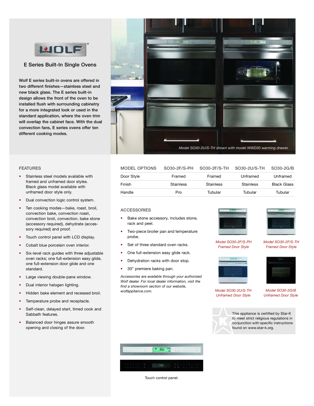 Wolf SO30-2F/S-PH, SO30-2F/S-TH, SO30-2U/S-TH manual E Series Built-In Single Ovens, Features, Model Options, Accessories 
