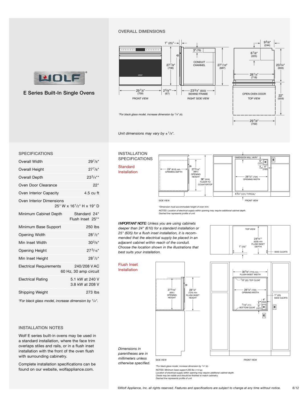 Wolf SO30-2U/S-TH Overall Dimensions, Installation Specifications, Installation Notes, E Series Built-In Single Ovens 