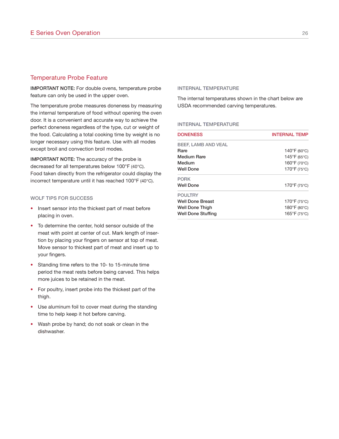Wolf SO30-2U/S manual Series Oven Operation Temperature Probe Feature, Internal Temperature 