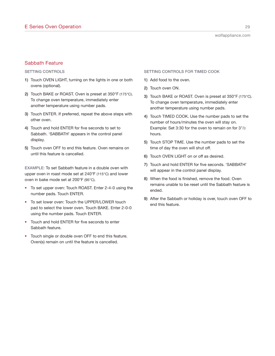 Wolf SO30-2U/S manual Series Oven Operation Sabbath Feature, Setting Controls for Timed Cook 