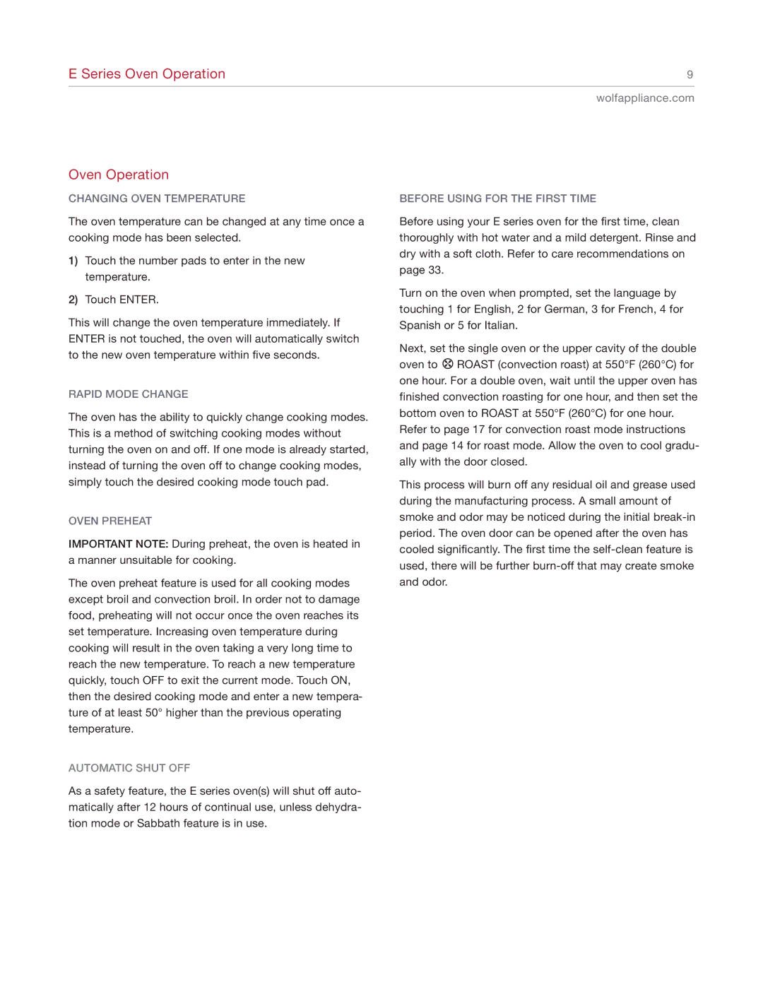 Wolf SO30-2U/S manual Series Oven Operation, Changing Oven Temperature, Rapid Mode Change, Oven Preheat 