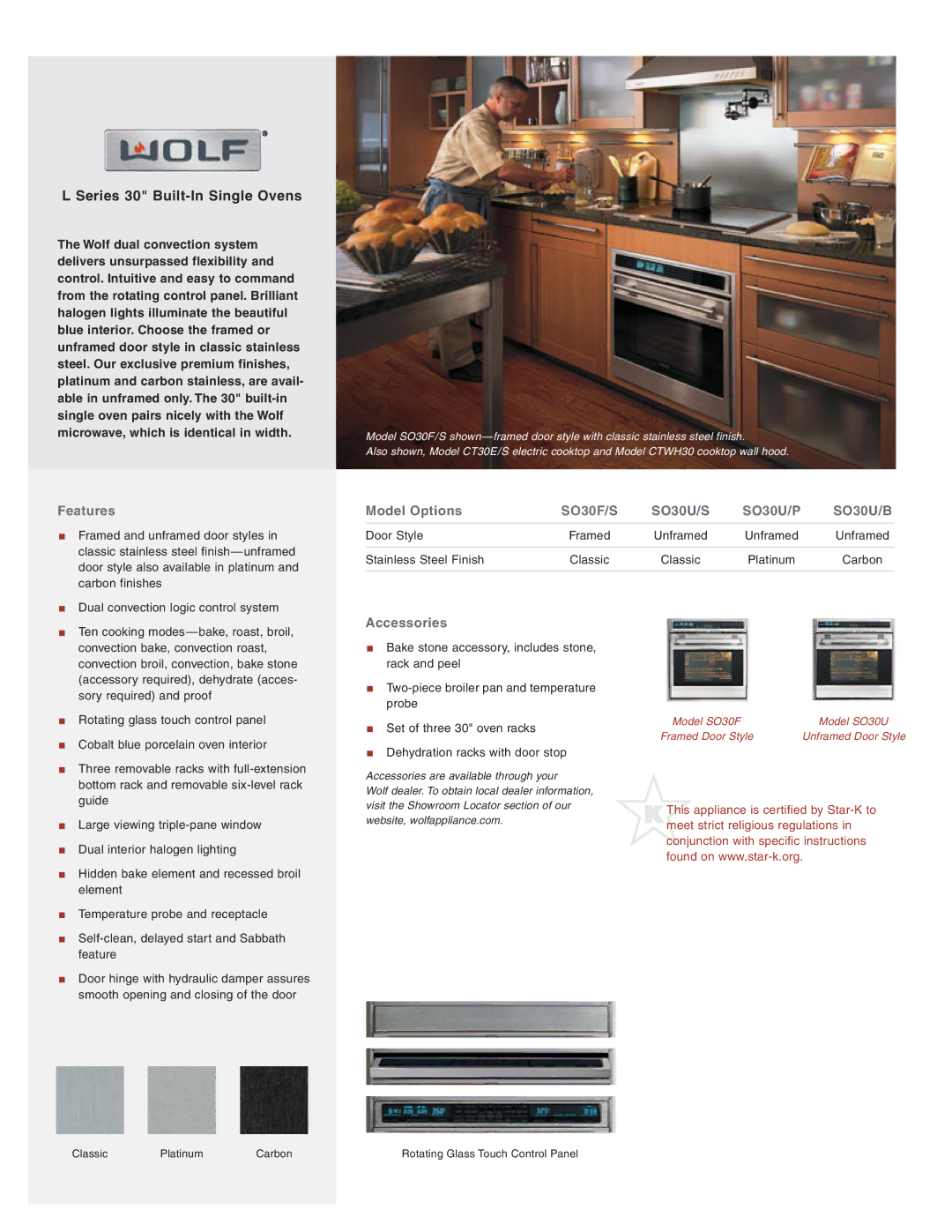 Wolf manual Series 30 Built-In Single Ovens, Features, Model Options, SO30F/S SO30U/S SO30U/P SO30U/B, Accessories 