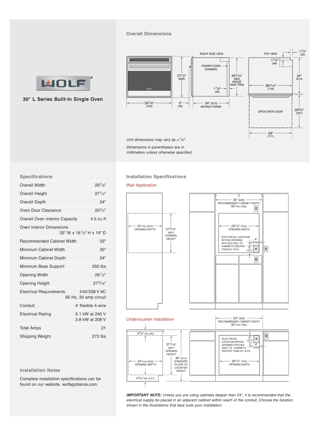 Wolf SO30U/S, SO30F/S, SO30U/P, SO30U/B Series Built-In Single Oven, Overall Dimensions, Specifications, Installation Notes 