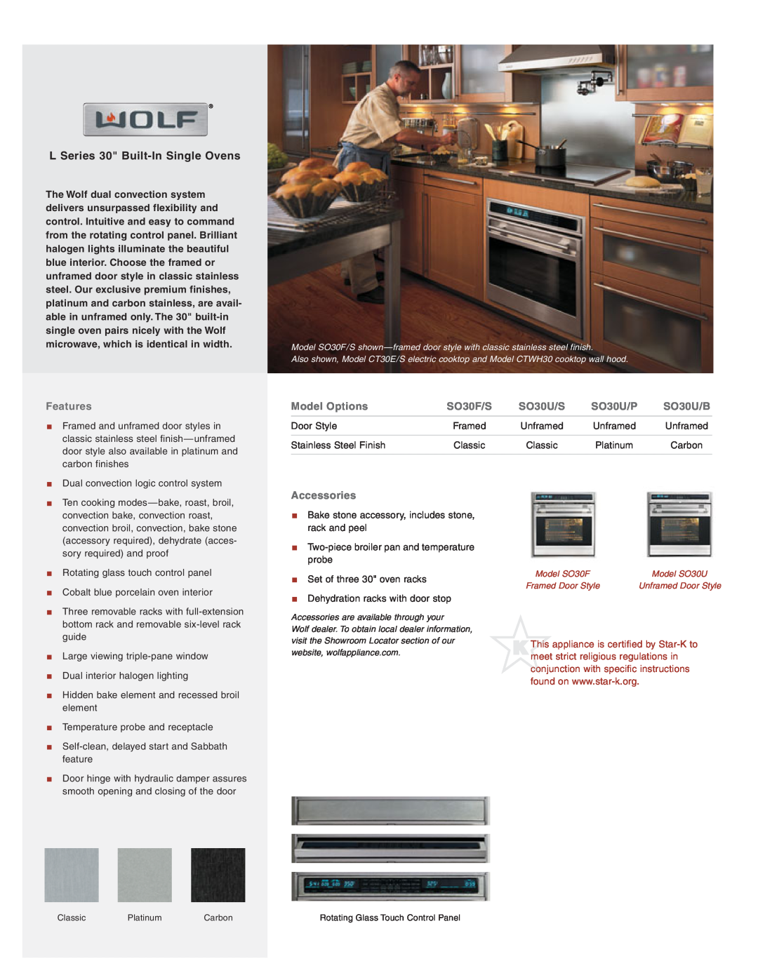 Wolf SO30U/P manual L Series 30 Built-In Single Ovens, Features, Model Options, SO30F/S, SO30U/S, SO30U/B, Accessories 