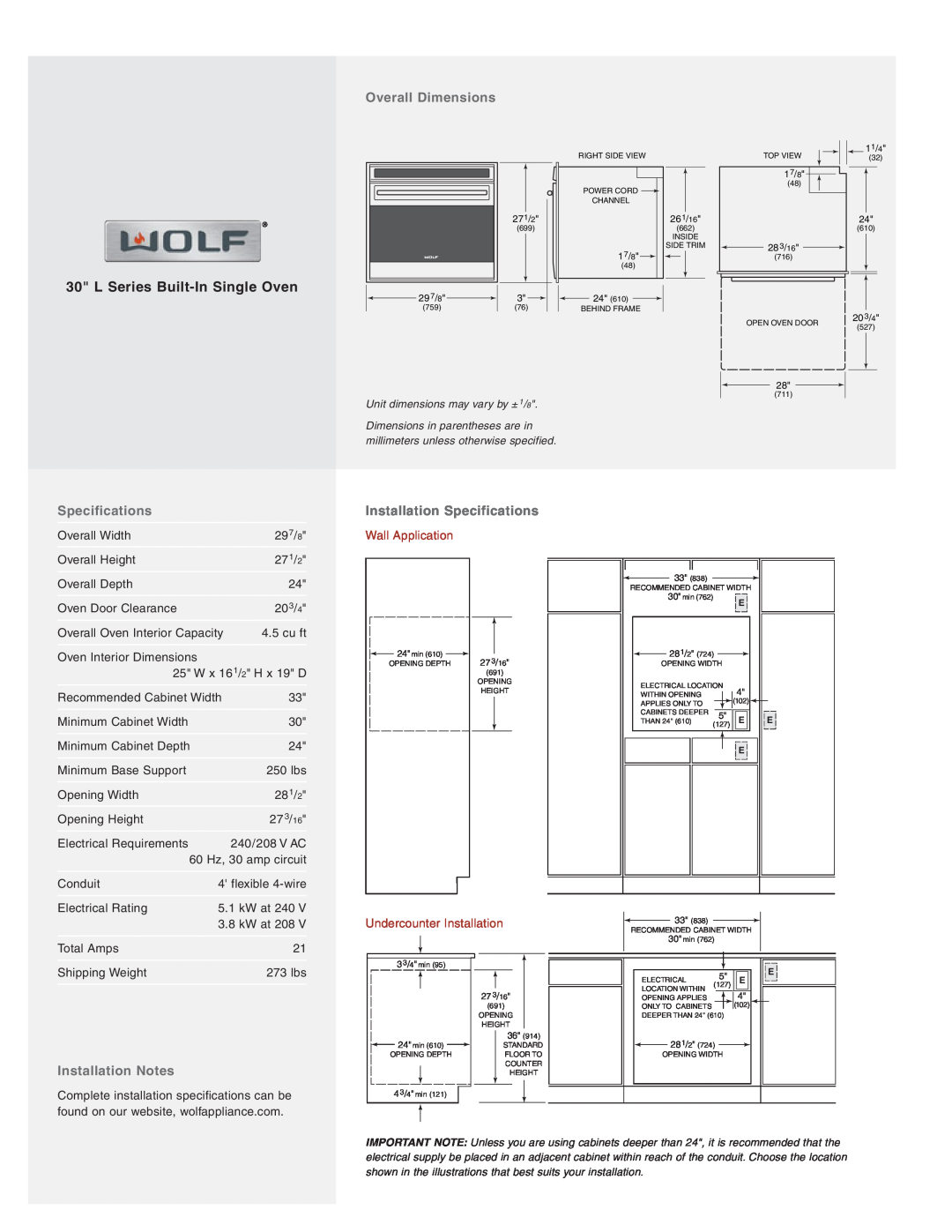Wolf SO30U/S manual L Series Built-In Single Oven, Overall Dimensions, Specifications, Installation Notes, Wall Application 