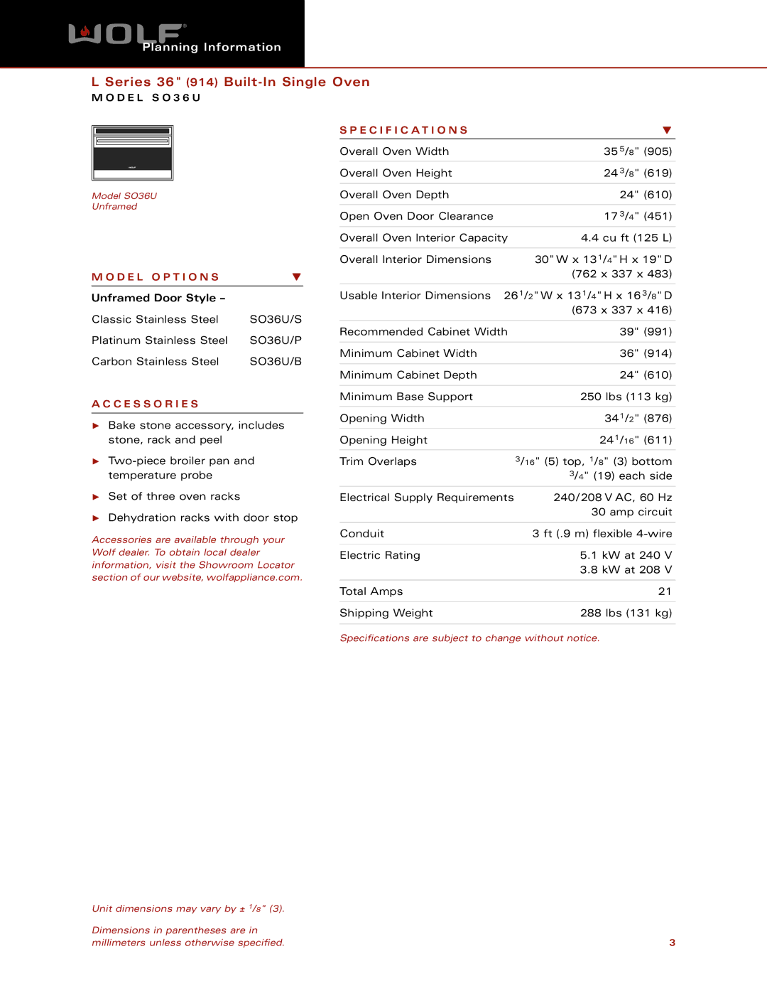 Wolf SO36U dimensions Specification S, D E L O P T I O N S, Unframed Door Style, C E S S O R I E S 