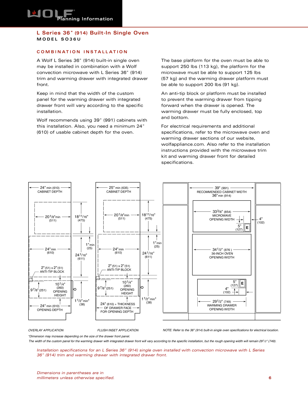 Wolf SO36U dimensions M B I N a T I O N Installation, Overlay Application Flush Inset Application 