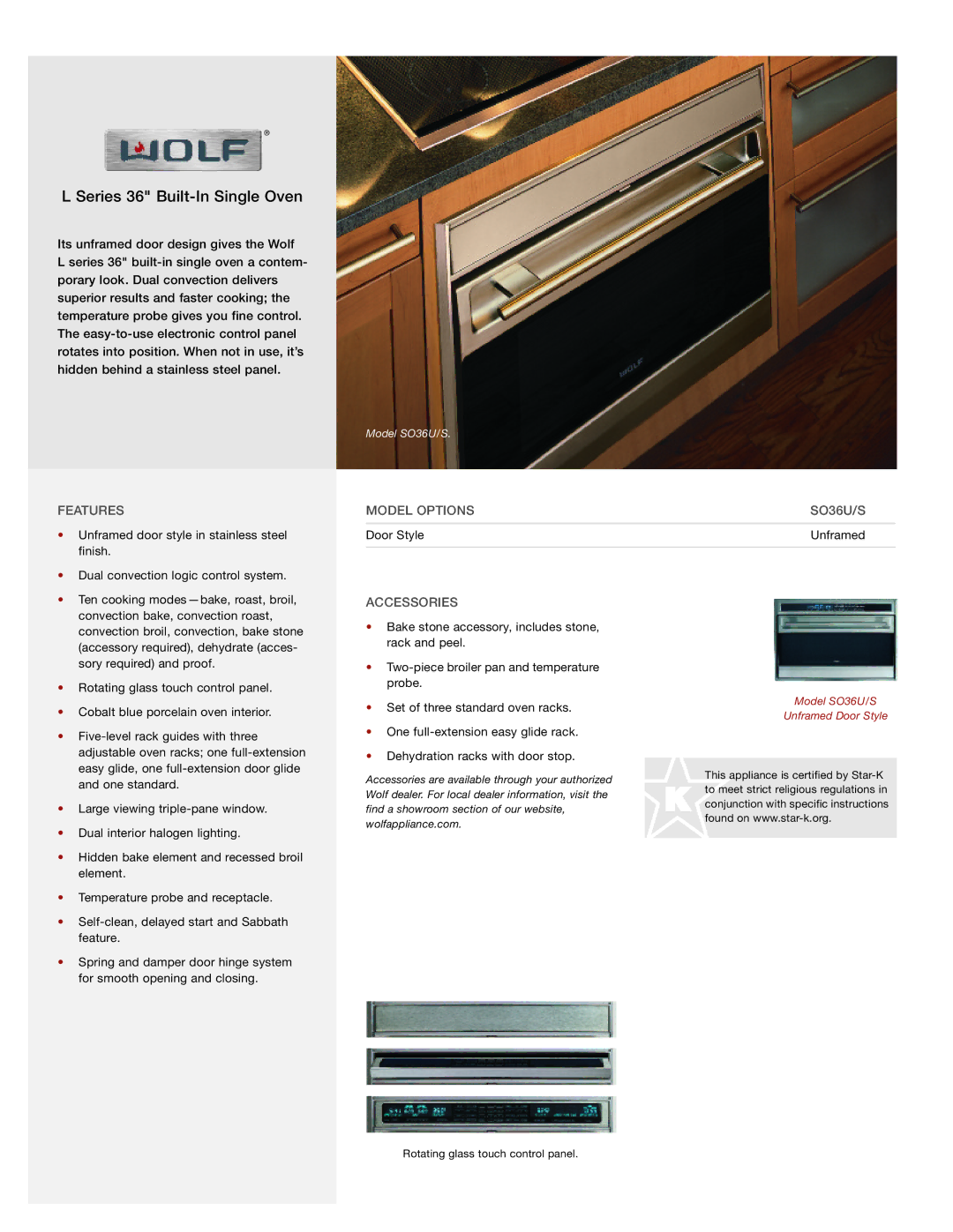 Wolf manual Series 36 Built-In Single Oven, Features, Model Options SO36U/S, Accessories 