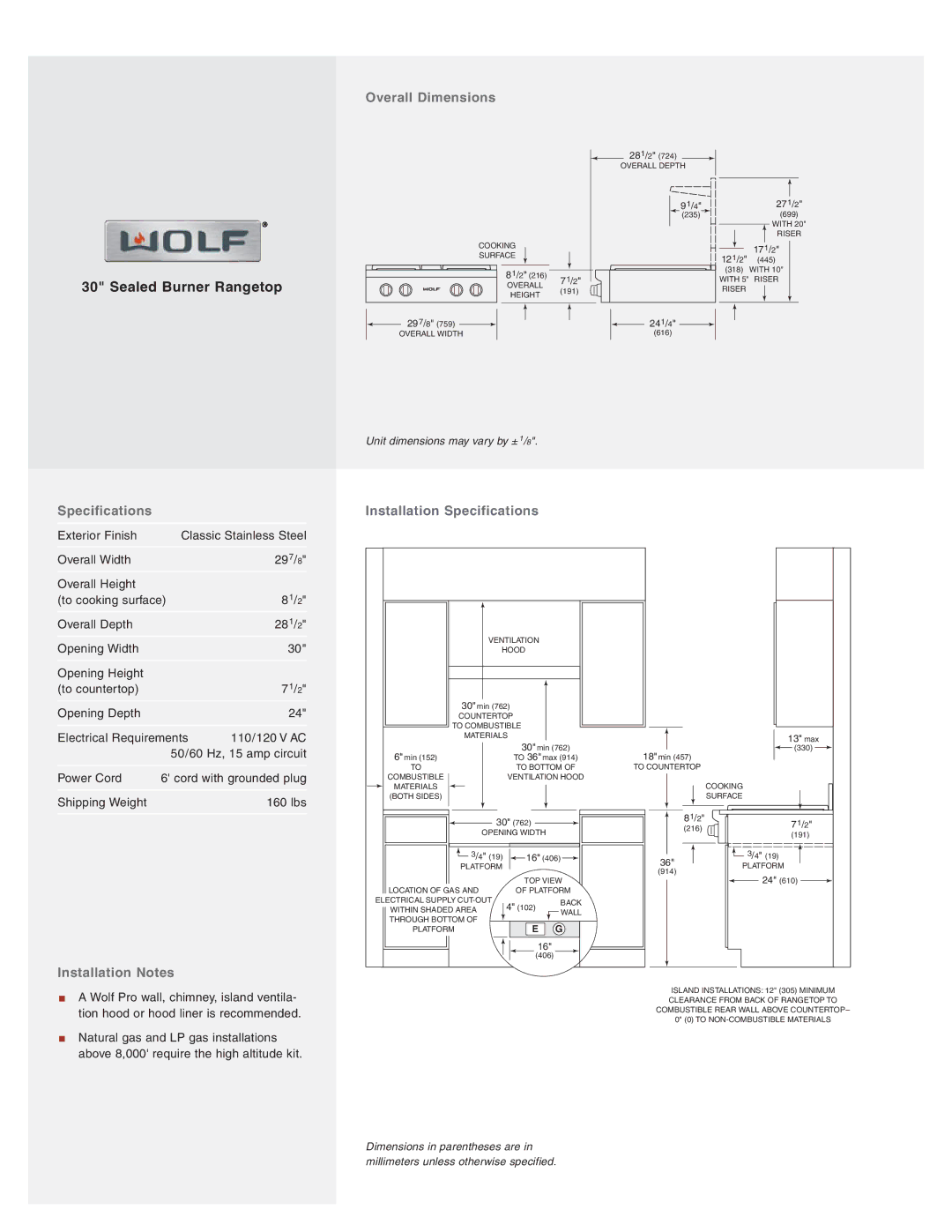 Wolf SRT304 manual Overall Dimensions, Installation Notes, Installation Specifications 