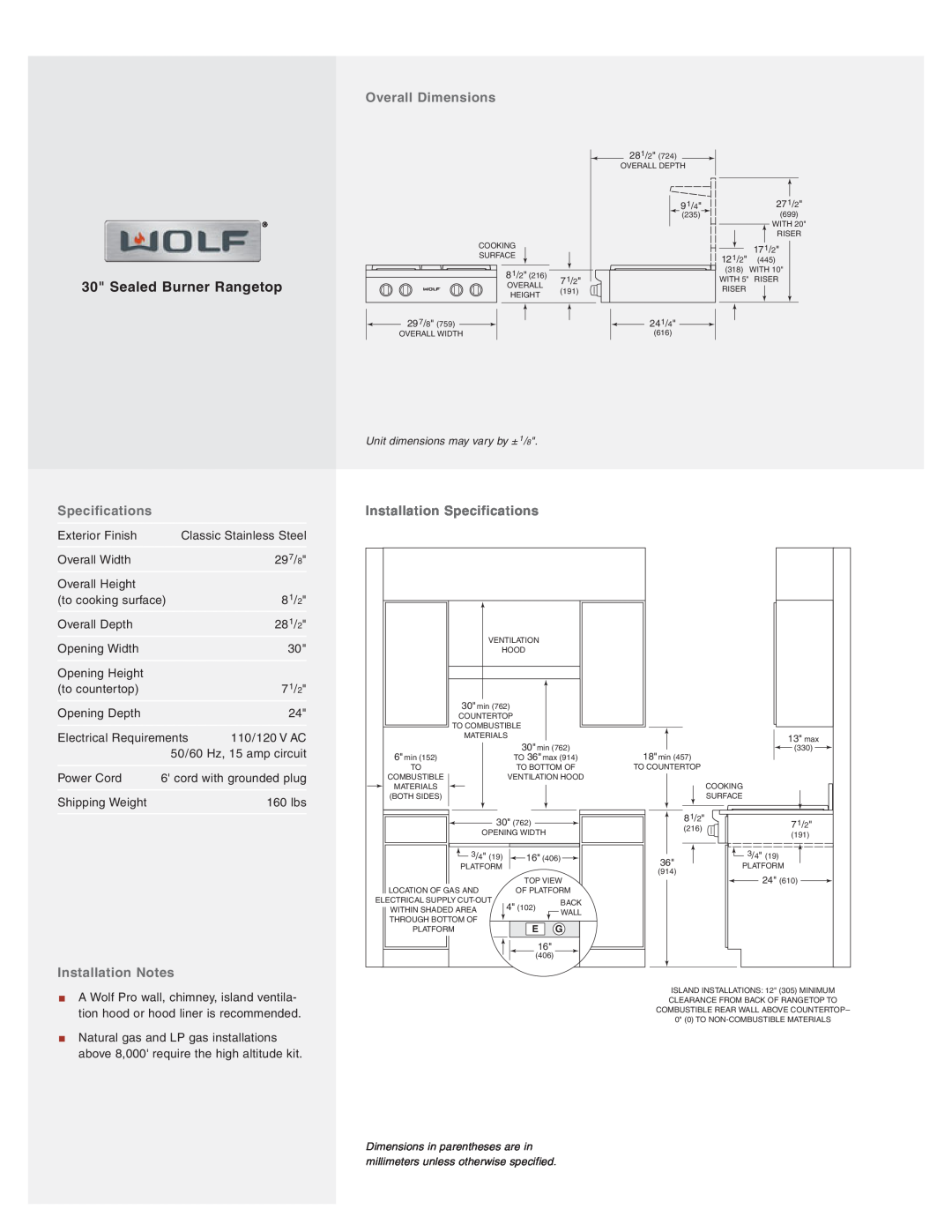 Wolf SRT304 manual Overall Dimensions, Installation Notes, Installation Specifications, Sealed Burner Rangetop 