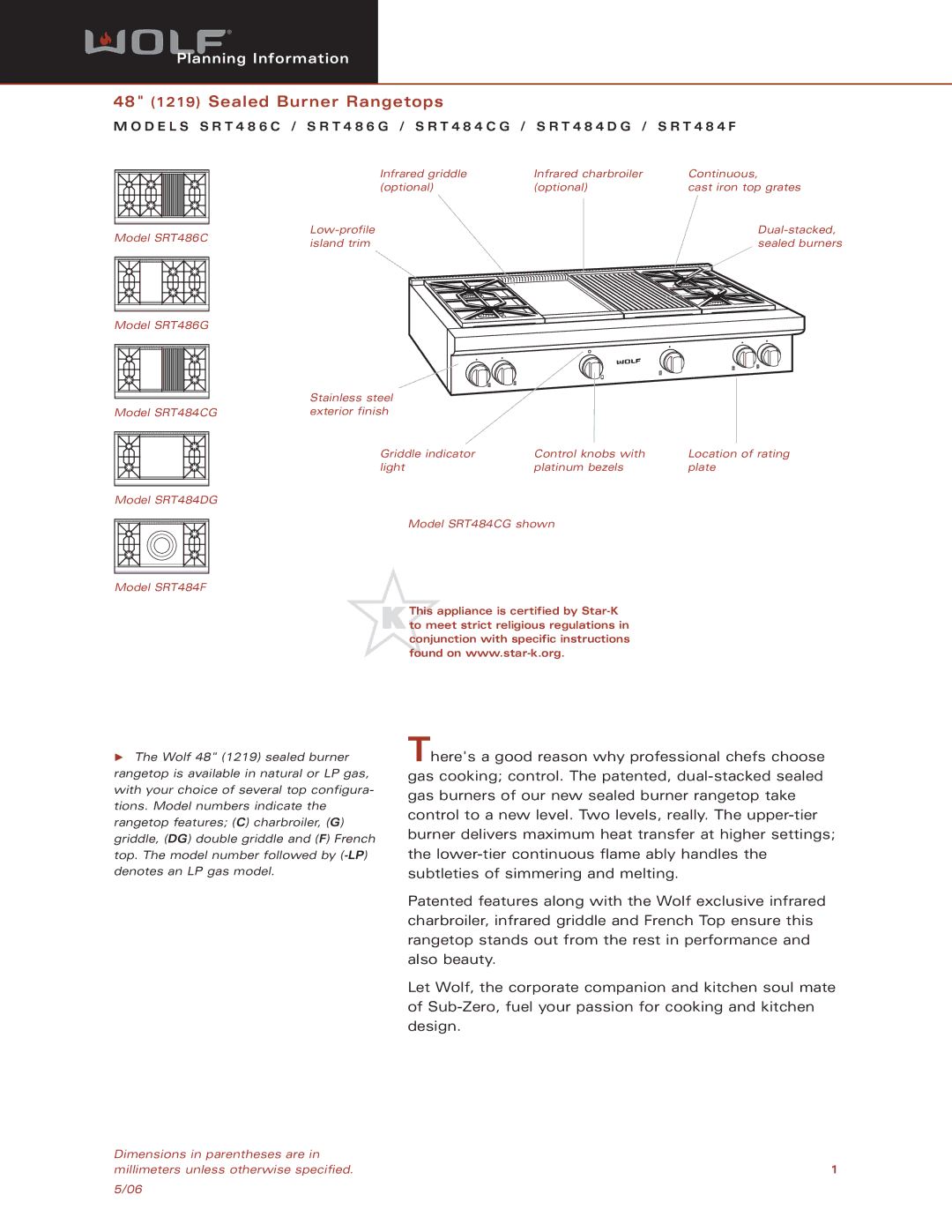 Wolf SRT484DG, SRT486G, SRT486C, SRT484F, SRT484CG dimensions 48 1219 Sealed Burner Rangetops 