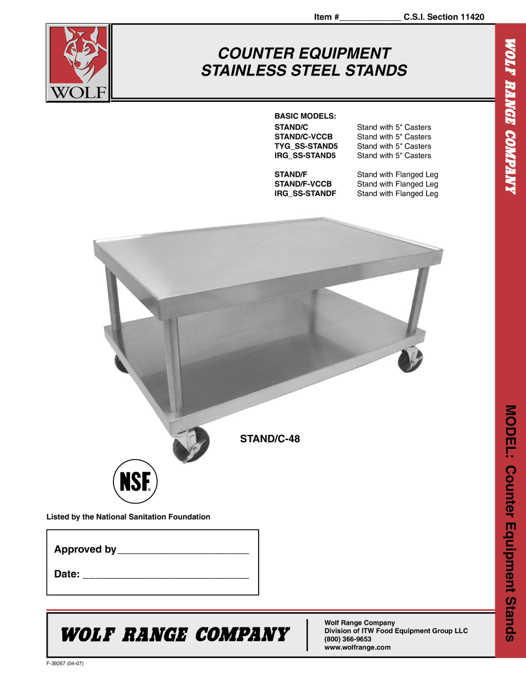 Wolf STAND/C-48 manual Counter Equipment Stainless Steel Stands 