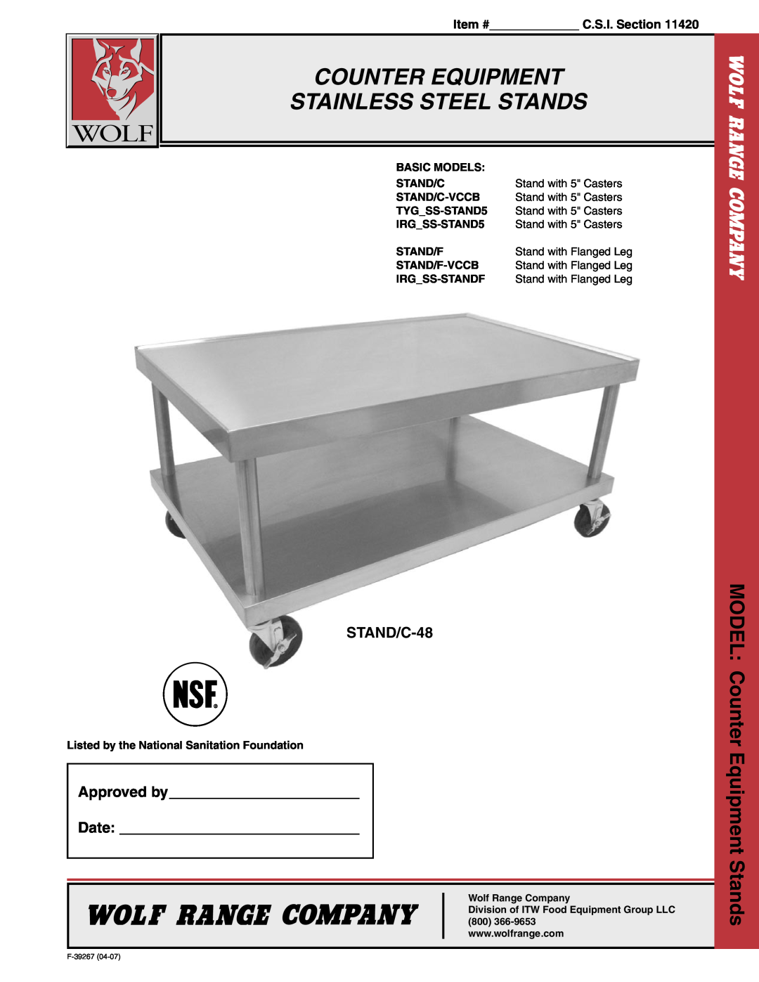 Wolf STAND/C-48 manual Counter Equipment Stainless Steel Stands, MODEL Counter Equipment Stands, Stand/C-48, Approved by 