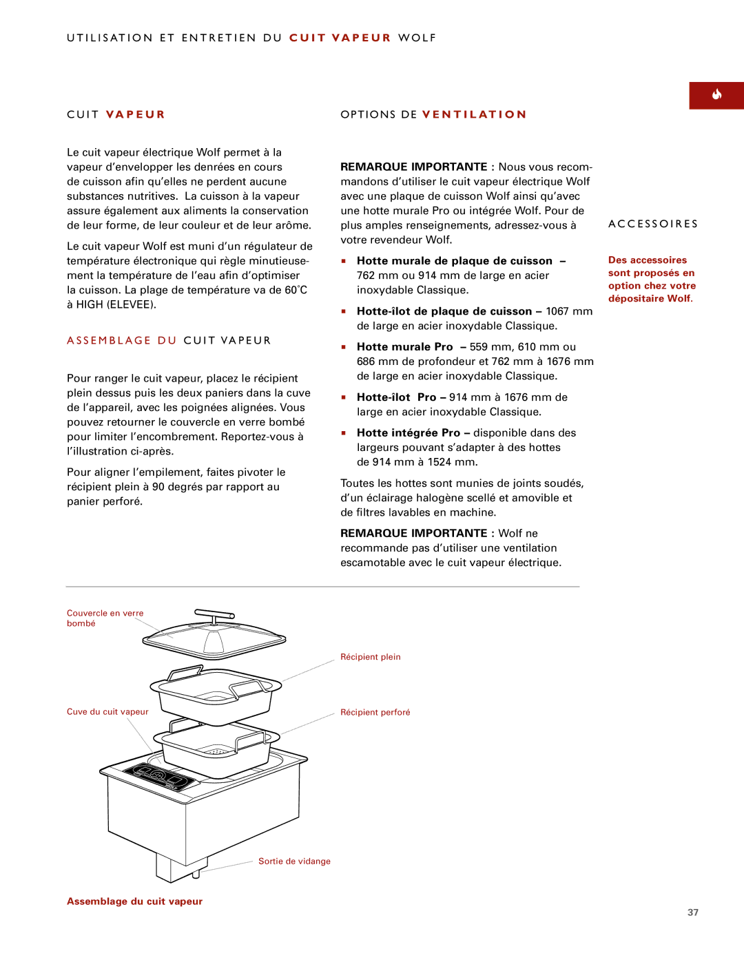 Wolf Steamer manual I T VA P E U R Options DE V E N T I L AT I O N, Remarque Importante Nous vous recom 