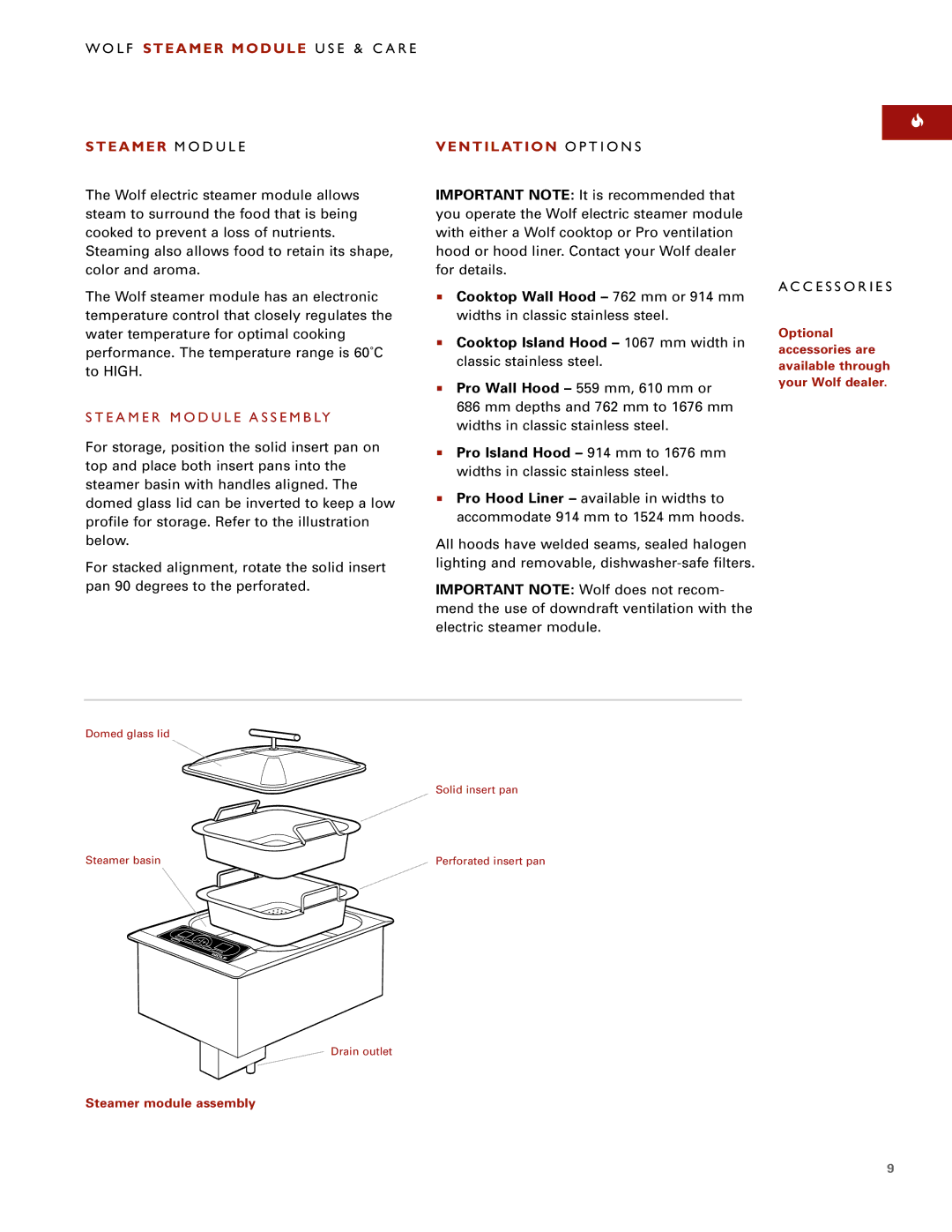 Wolf manual L F Steamer Module U S E & C a R E, Steamer M O D U L E Ventilation O P T I O N S, C E S S O R I E S 