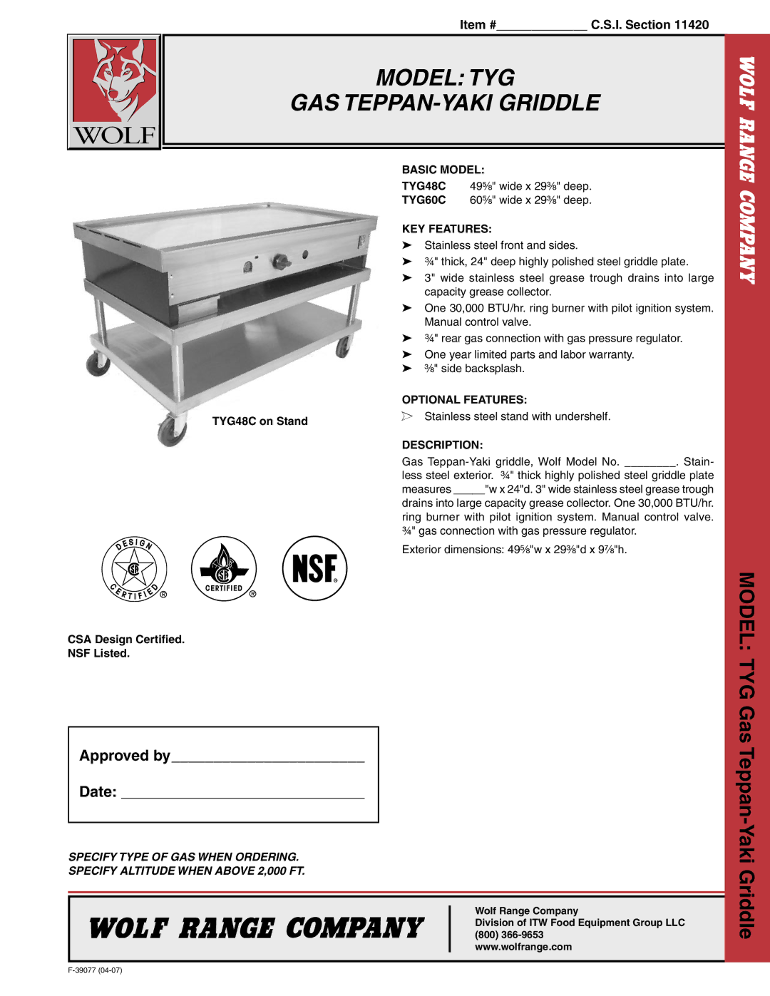 Wolf TYG48C, TYG60C system manual Model TYG GAS TEPPAN-YAKI Griddle, Approved by Date 