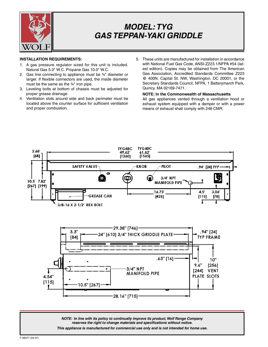 Wolf TYG60C, TYG48C system manual Installation Requirements 