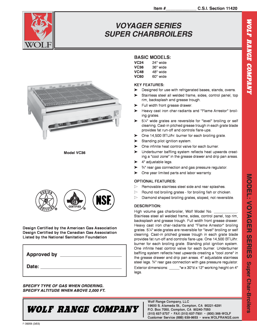 Wolf VC36 warranty Voyager Series Super Charbroilers, Char-Broilers, Approved by Date, Basic Models, Item # C.S.I. Section 