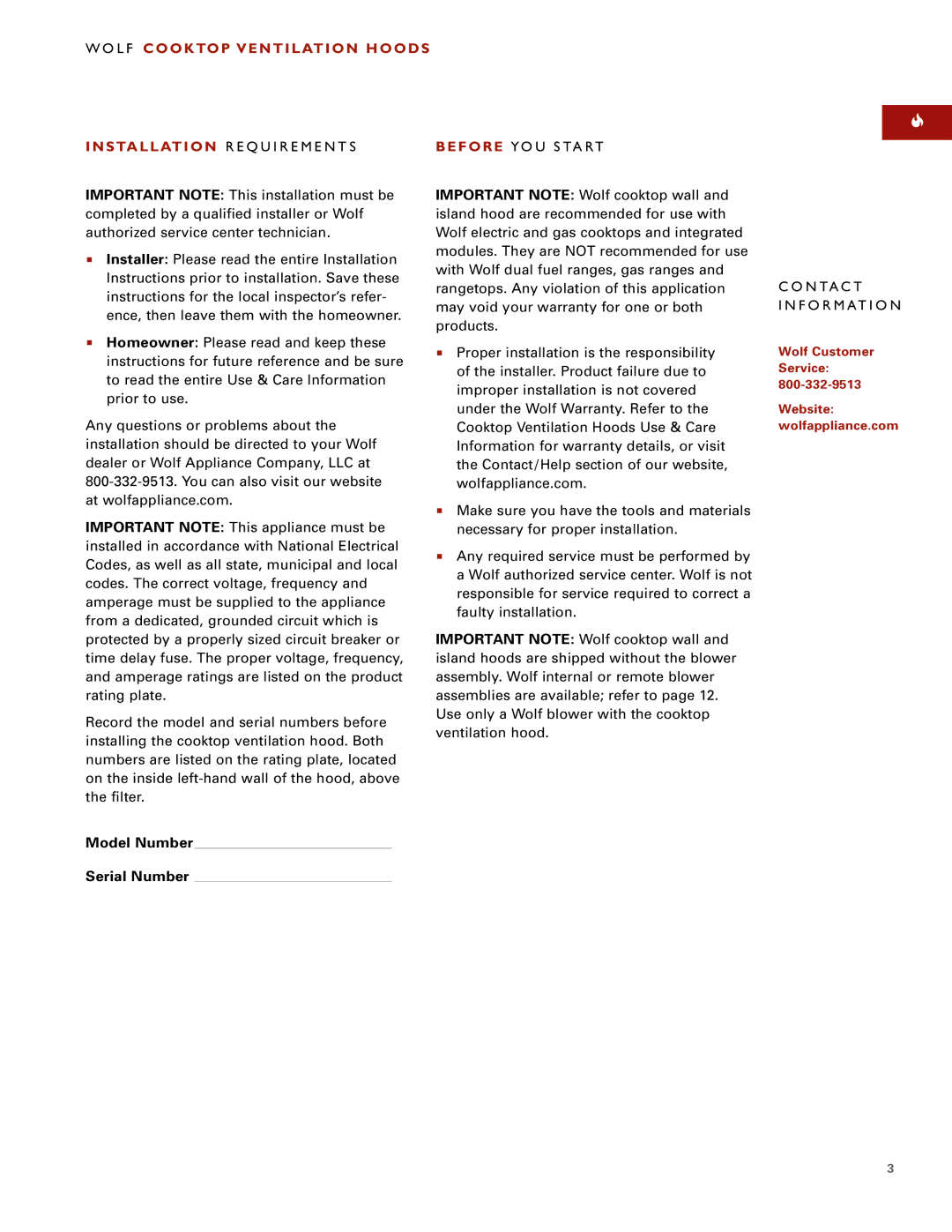 Wolf Ventilation Hood installation instructions Model Number Serial Number 