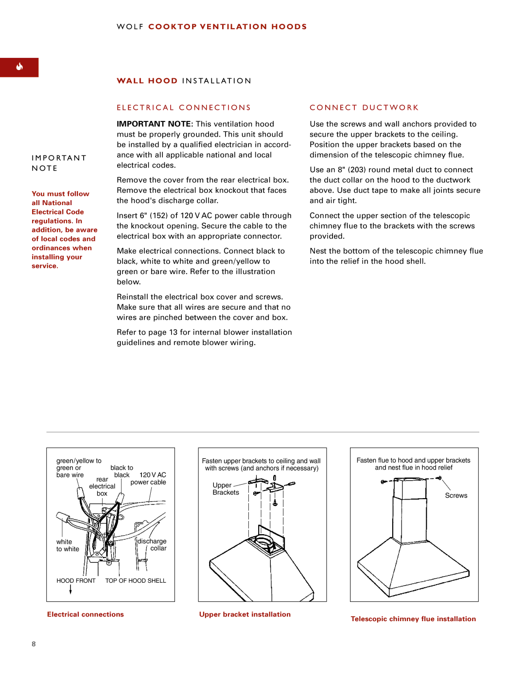 Wolf Ventilation Hood installation instructions E C T R I C a L C O N N E C T I O N S, N N E C T D U C T W O R K 