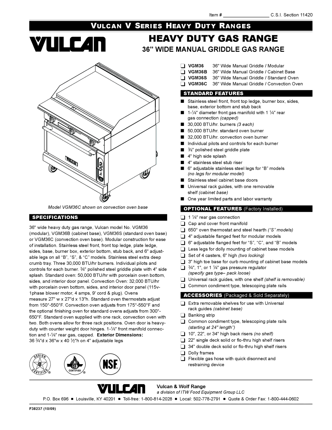 Wolf VGM36S, VGM36B specifications Specifications, Standard Features, Model VGM36C shown on convection oven base 