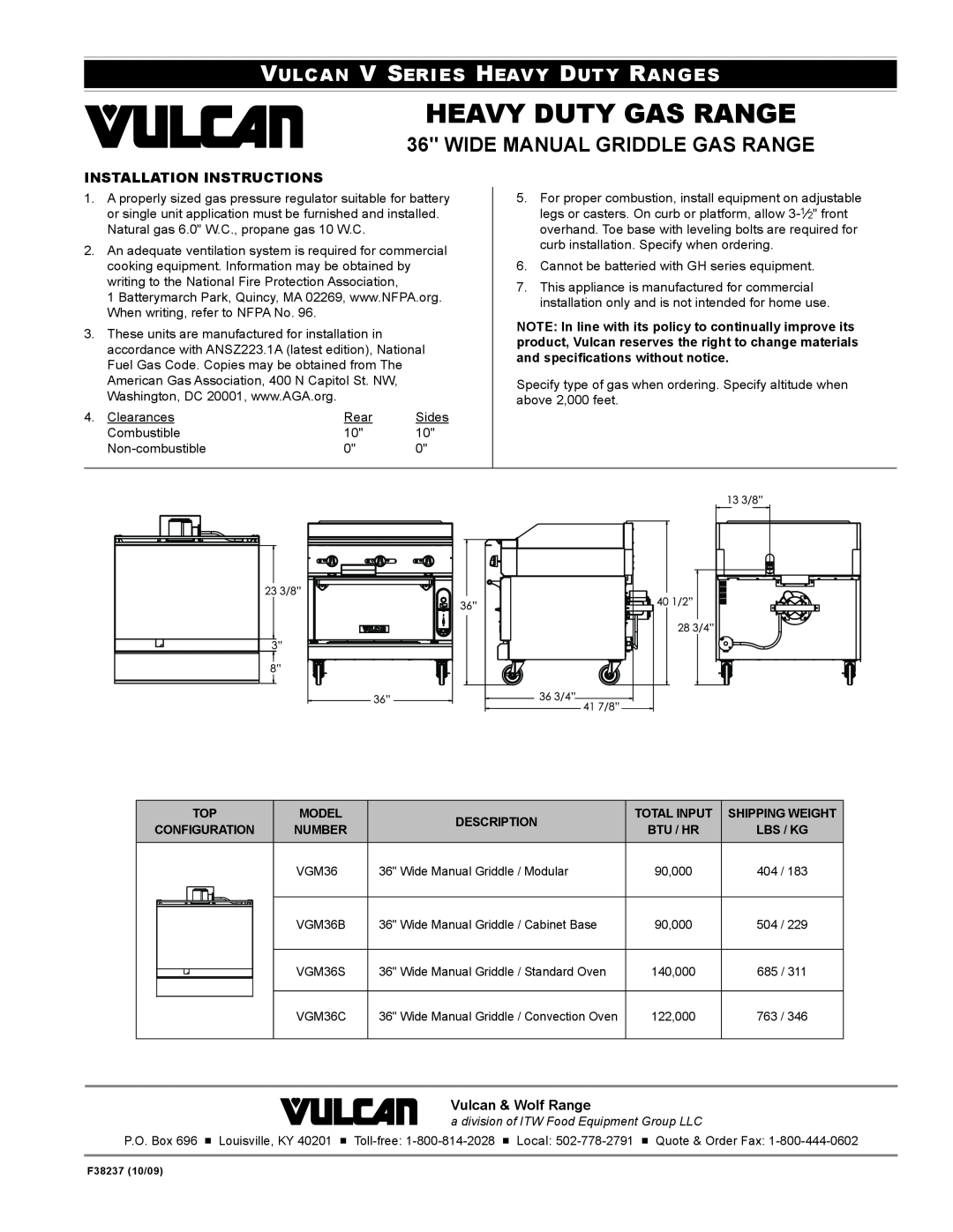 Wolf VGM36C Installation Instructions, Heavy Duty Gas Range, Wide Manual Griddle Gas Range, Vulcan & Wolf Range, Model 