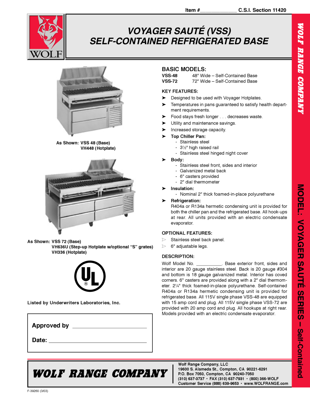 Wolf VSS-72, VSS-48 manual Model, Voyager Sauté Series, KEY Features, Optional Features, Description 