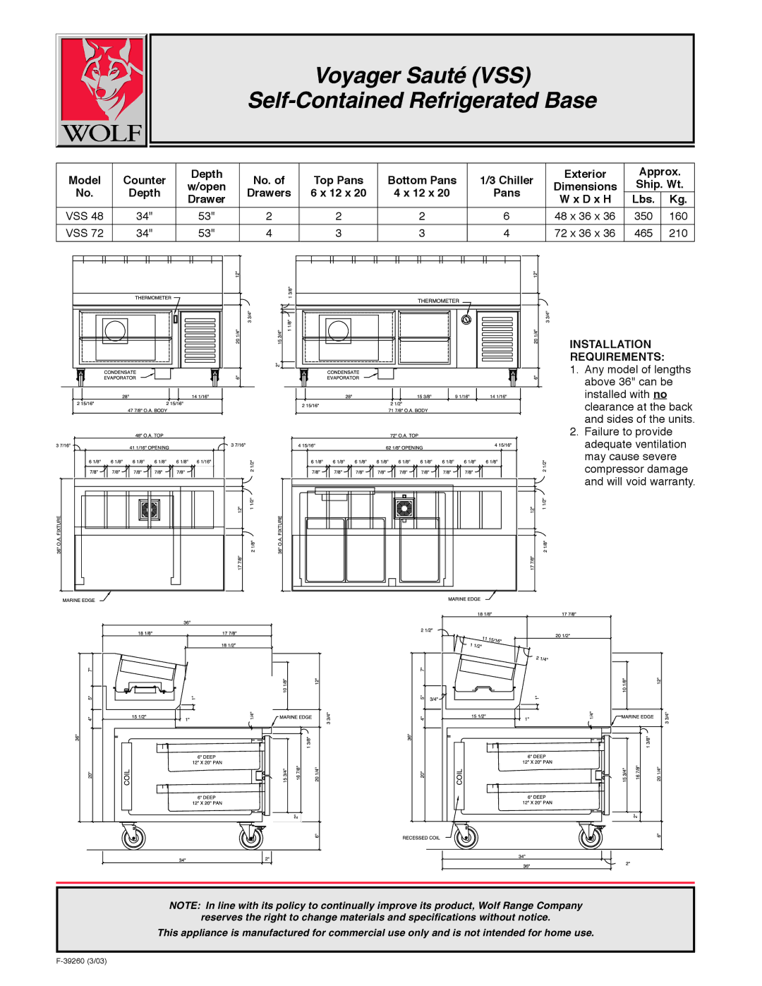 Wolf VSS-48, VSS-72 manual Pans, D x H Lbs VSS 48 x 36 x 350 160 72 x 36 x 465 210, Installation Requirements 