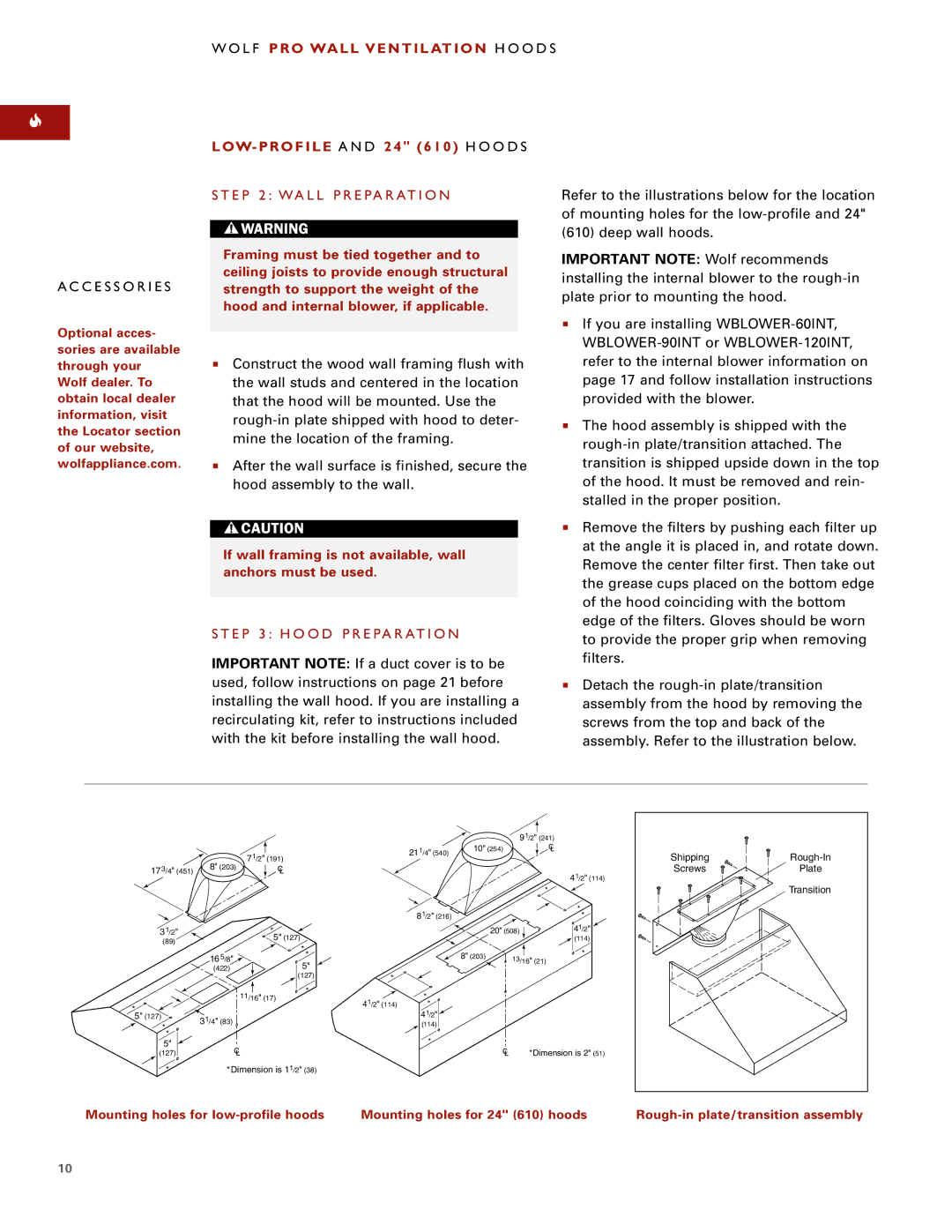 Wolf W302210I E P 2 WA L L P R E PA R AT I O N, E P 3 H O O D P R E PA R AT I O N, Rough-in plate/transition assembly 