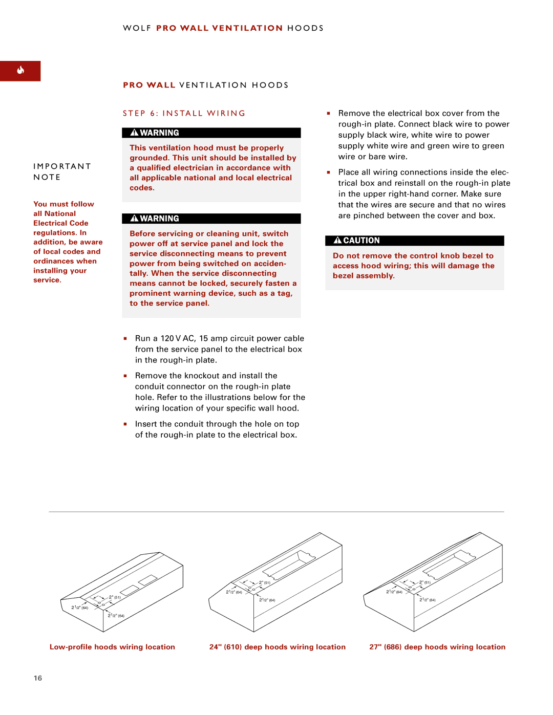 Wolf W302210I P O Rta N T N Ot E, PRO Wall V E N T I L AT I O N H O O D S, E P 6 I N S TA L L W I R I N G 