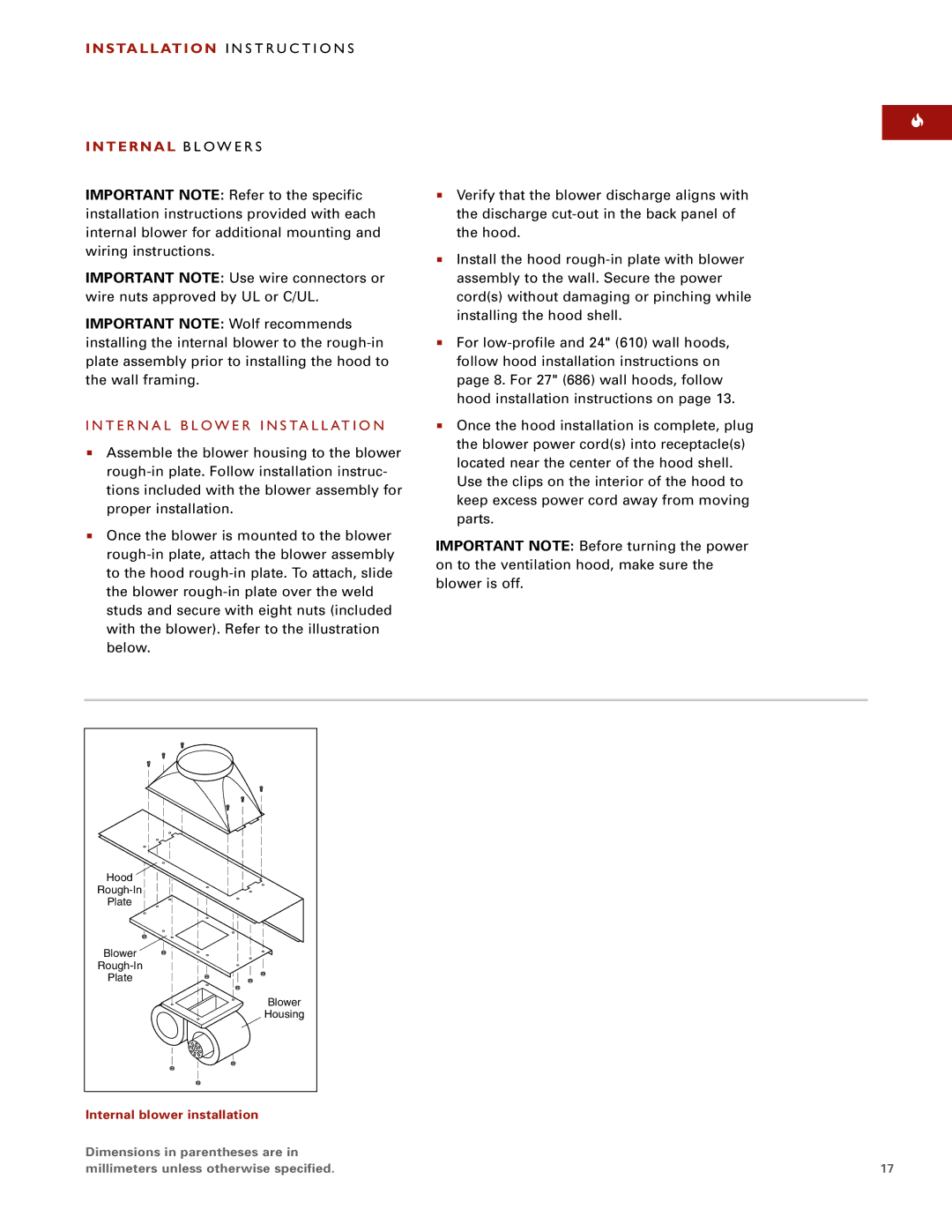 Wolf W302210I installation instructions T E R N a L B L O W E R I N S TA L L AT I O N, Internal blower installation 