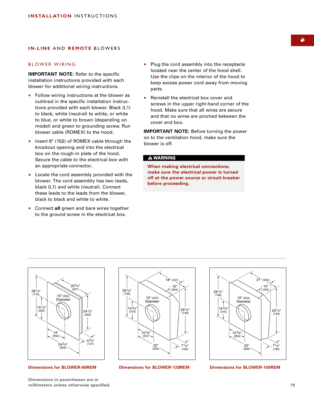 Wolf W302210I O W E R W I R I N G, Dimensions for BLOWER-90REM, Dimensions for BLOWER-120REM, Dimensions for BLOWER-150REM 