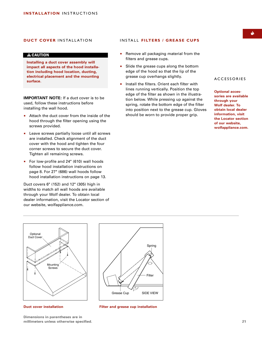 Wolf W302210I installation instructions Duct cover installation, Filter and grease cup installation 