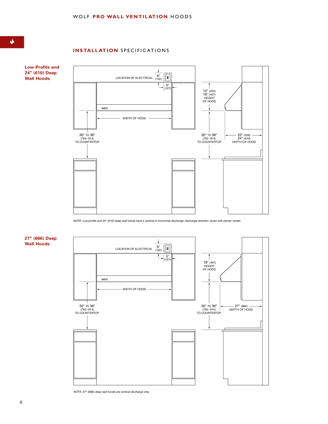 Wolf W302210I Installation S P E C I F I C AT I O N S, Low-Profile 24 610 Deep Wall Hoods, 27 686 Deep Wall Hoods 