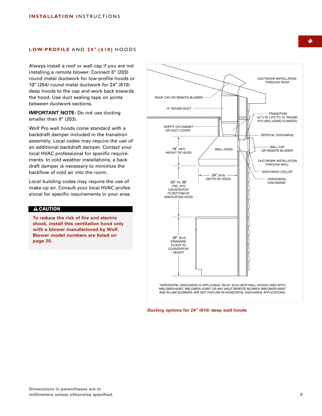 Wolf W302210I S Ta L L At I O N I N S T R U C T I O N S, Ducting options for 24 610 deep wall hoods 