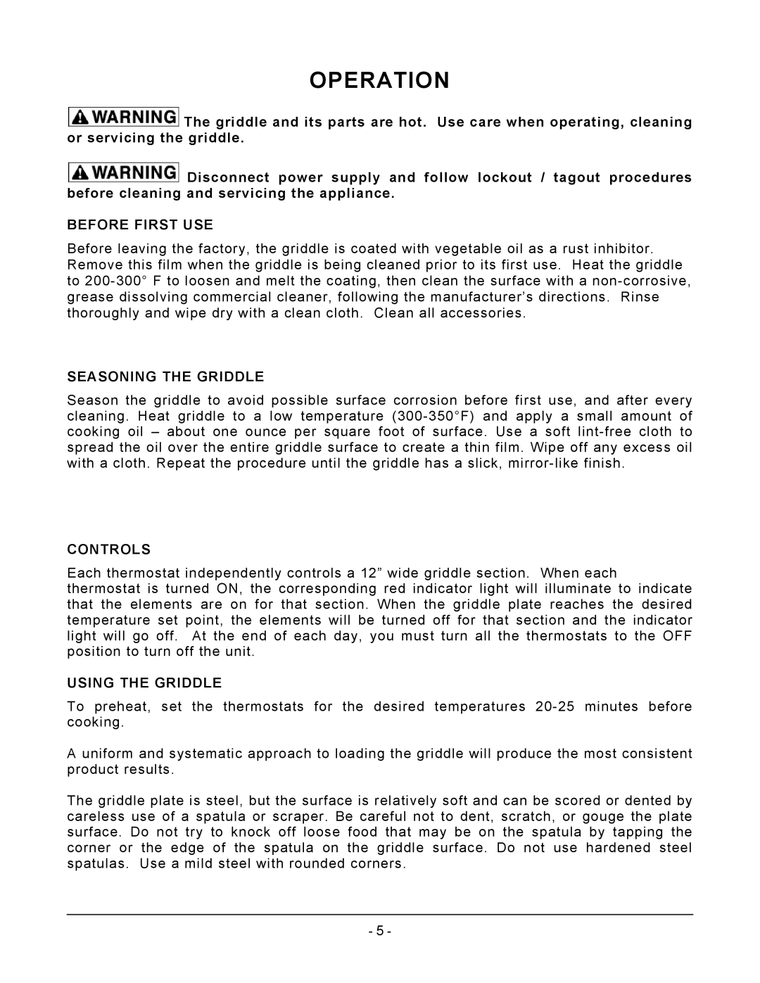 Wolf WEG24R operation manual Operation, Before First USE, Seasoning the Griddle, Controls, Using the Griddle 