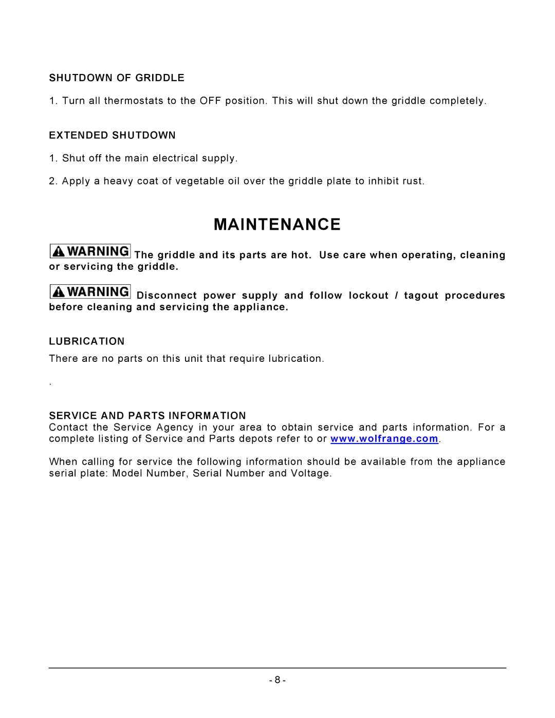 Wolf WEG24R Maintenance, Shutdown of Griddle, Extended Shutdown, Lubrication, Service and Parts Information 