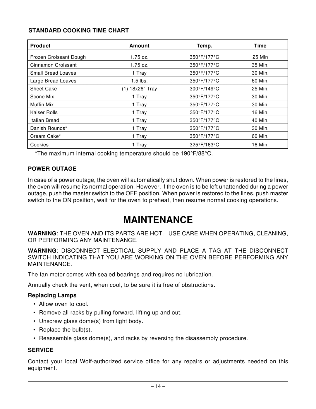 Wolf WKEDX ML-126759, WKE ML-126755, WKEC ML-126757 Standard Cooking Time Chart, Power Outage, Replacing Lamps, Service 