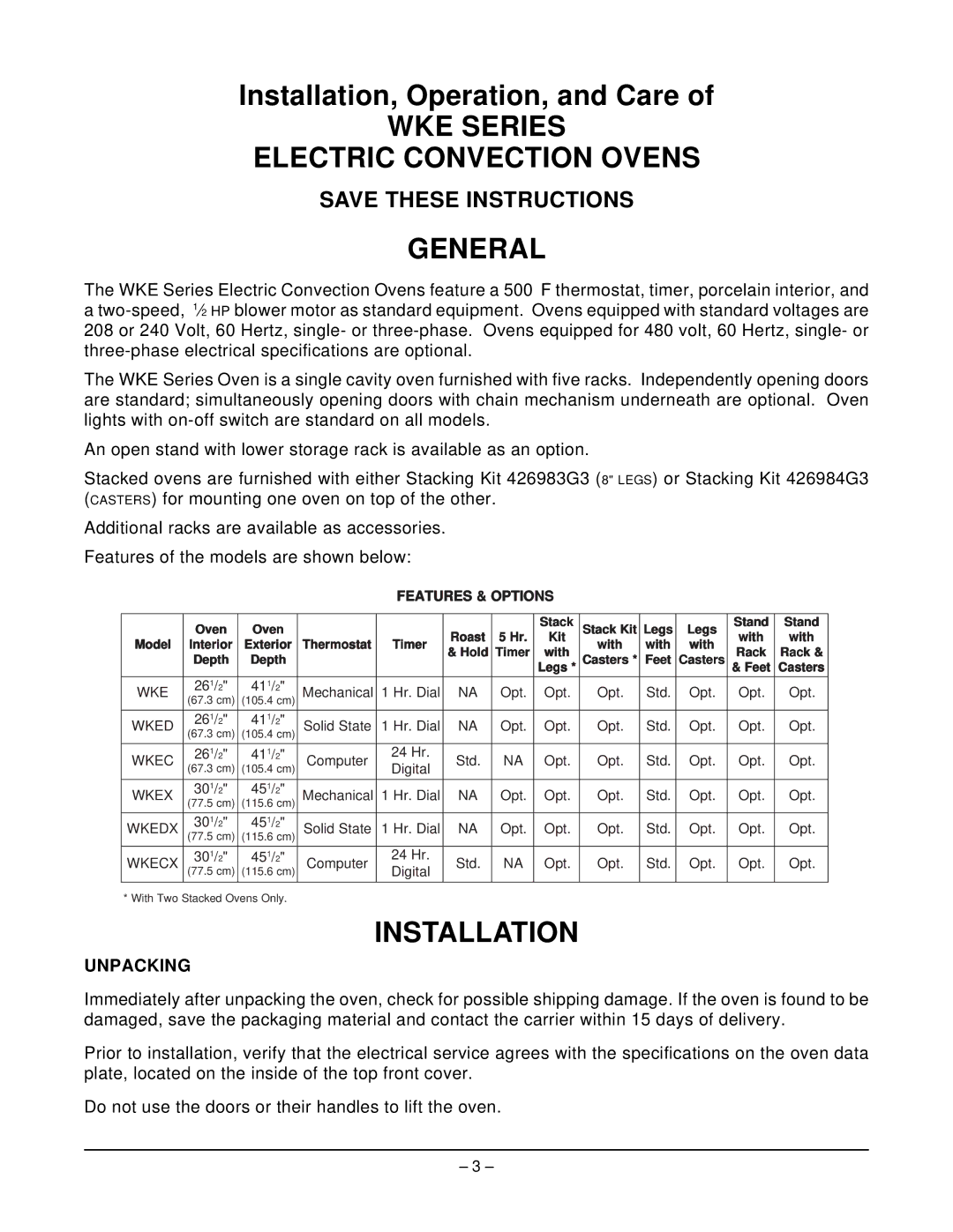 Wolf WKECX ML-126760, WKE ML-126755, WKEC ML-126757, WKEDX ML-126759 WKE Series Electric Convection Ovens General, Unpacking 