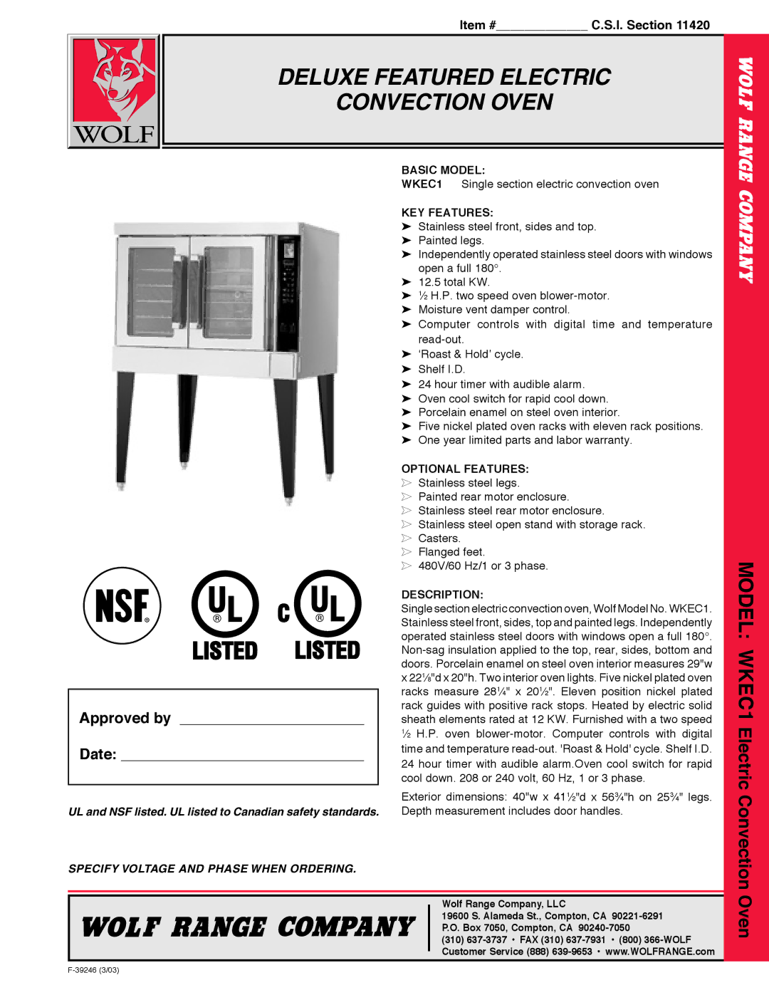 Wolf WKEC1 warranty Basic Model, KEY Features, Optional Features, Description 