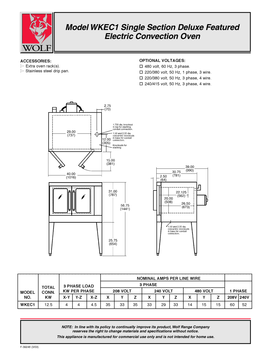 Wolf WKEC1 warranty Accessories, Optional Voltages, Nominal Amps PER Line Wire Total Phase Load KW PER Phase, Model Conn 