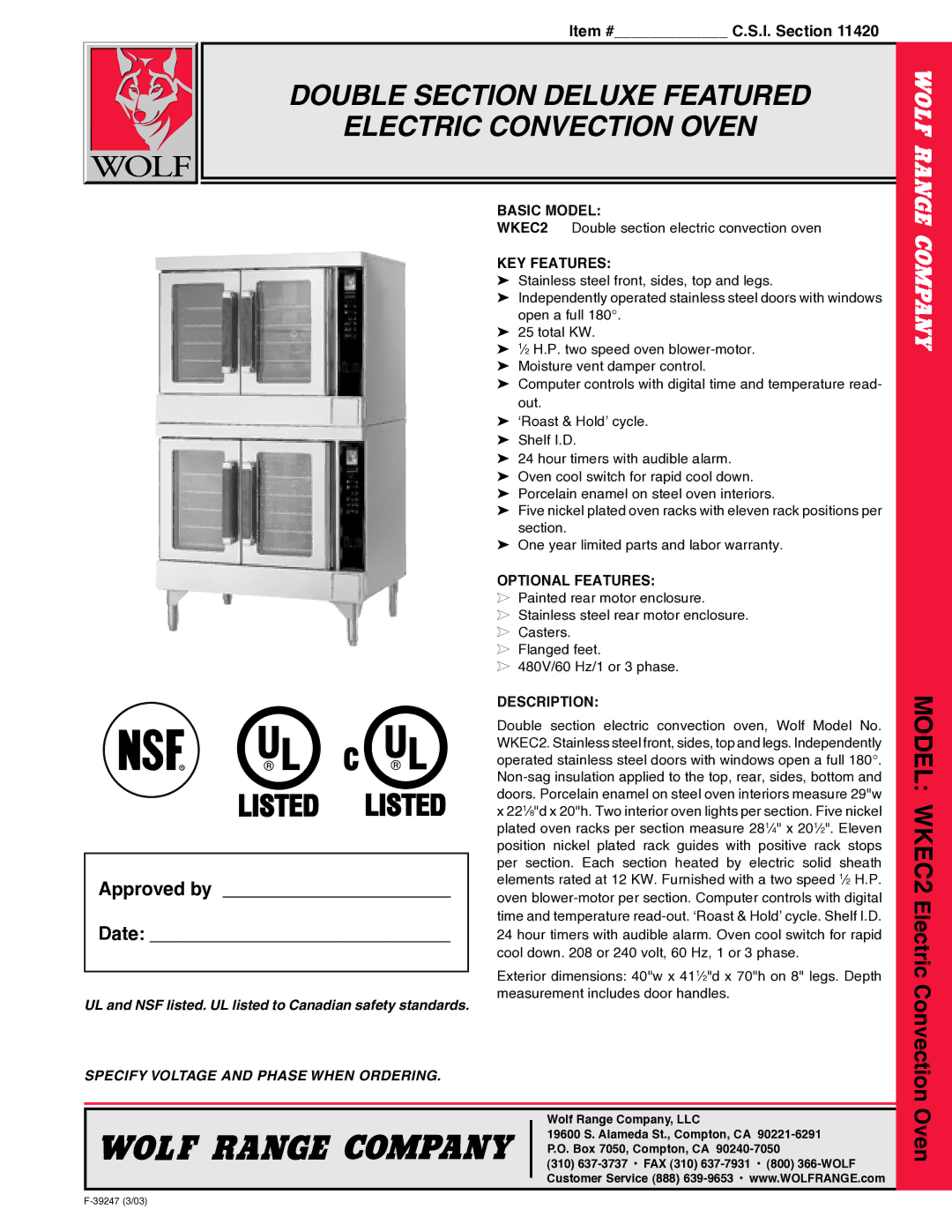 Wolf WKEC2 warranty Basic Model, KEY Features, Optional Features, Description 