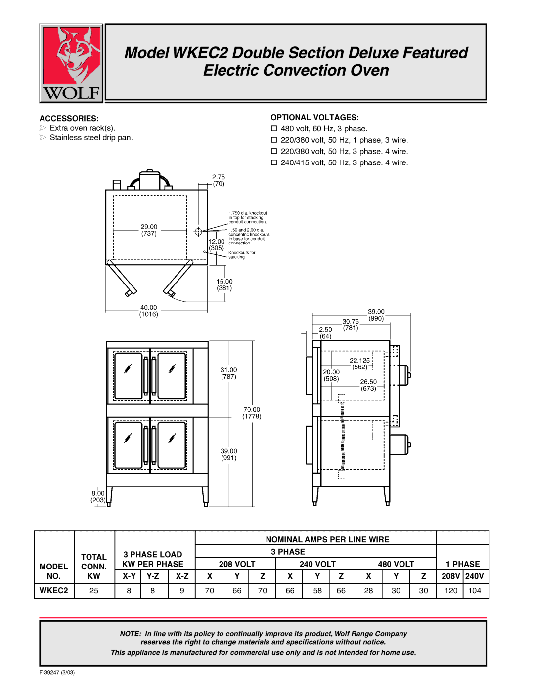 Wolf WKEC2 warranty Accessories, Optional Voltages, Nominal Amps PER Line Wire Total Phase Load KW PER Phase, Model Conn 