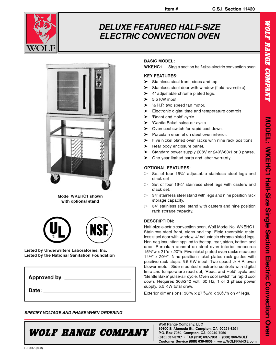 Wolf WKECH1 warranty Basic Model, KEY Features, Optional Features, Description 