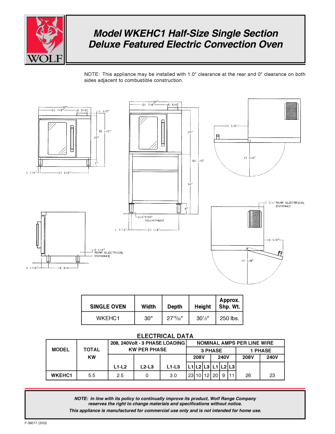 Wolf WKECH1 warranty Single Oven, Nominal Amps PER Line Wire Model Total KW PER Phase, WKEHC1 