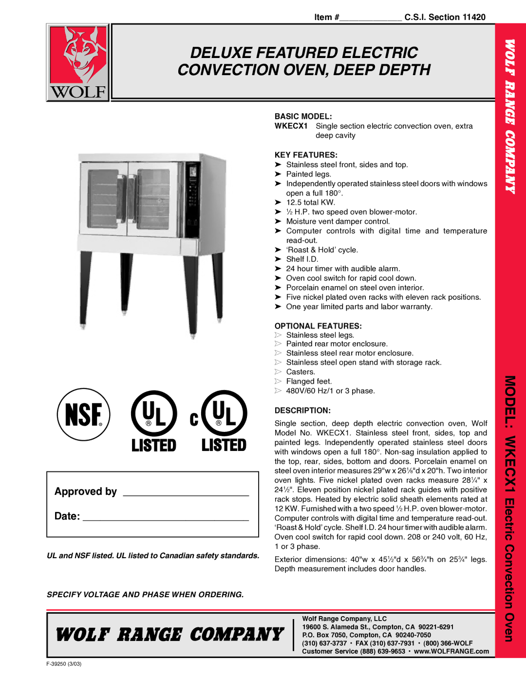 Wolf WKECX1 warranty Basic Model, KEY Features, Optional Features, Description 