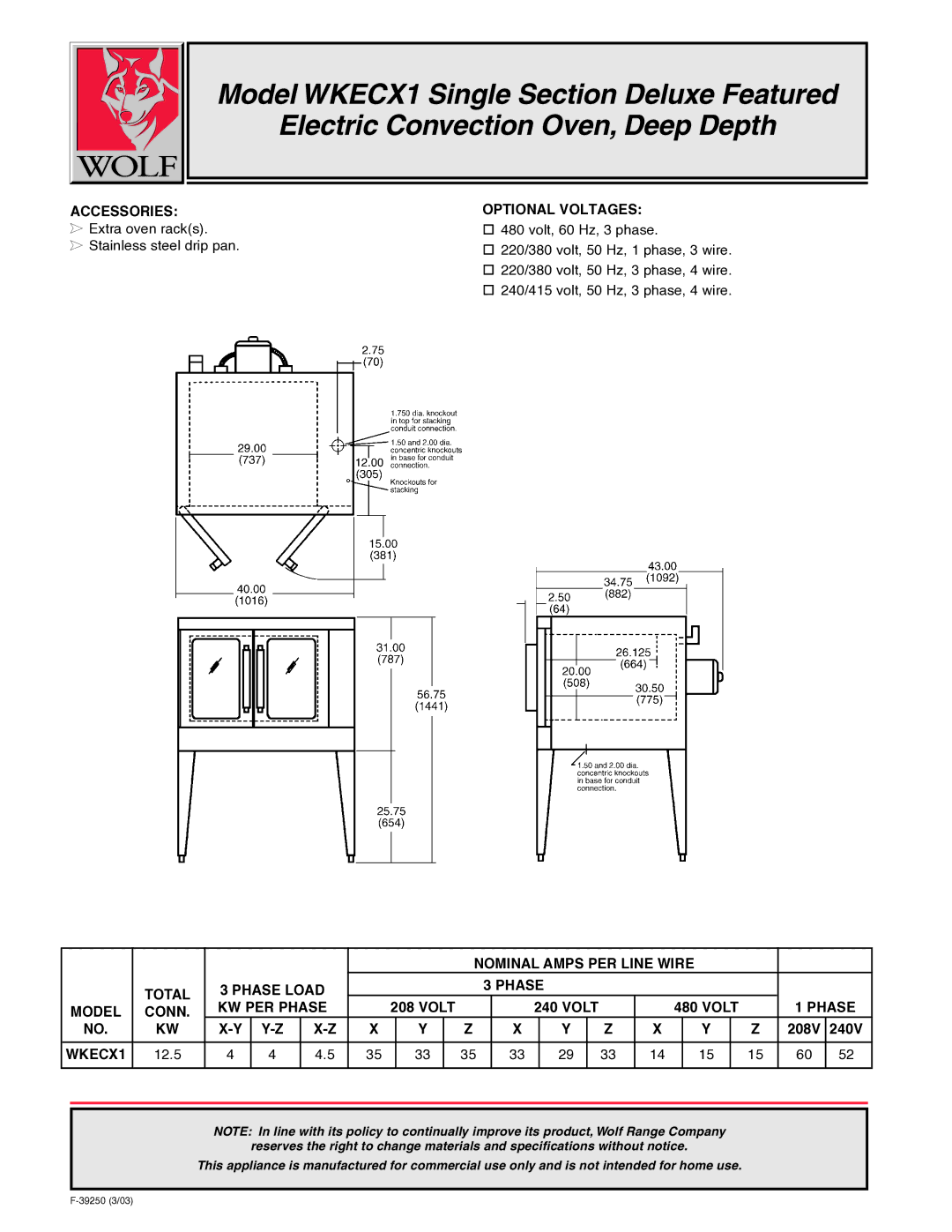 Wolf WKECX1 warranty Accessories, Optional Voltages, Nominal Amps PER Line Wire Total Phase Load KW PER Phase, Model Conn 